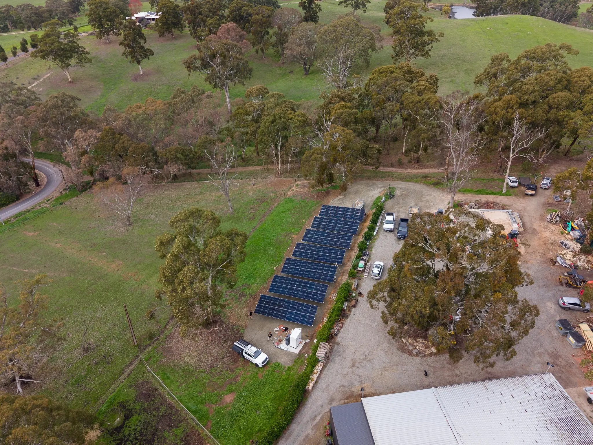 aerial view of ground mounted solar panel array in oakbank south australia