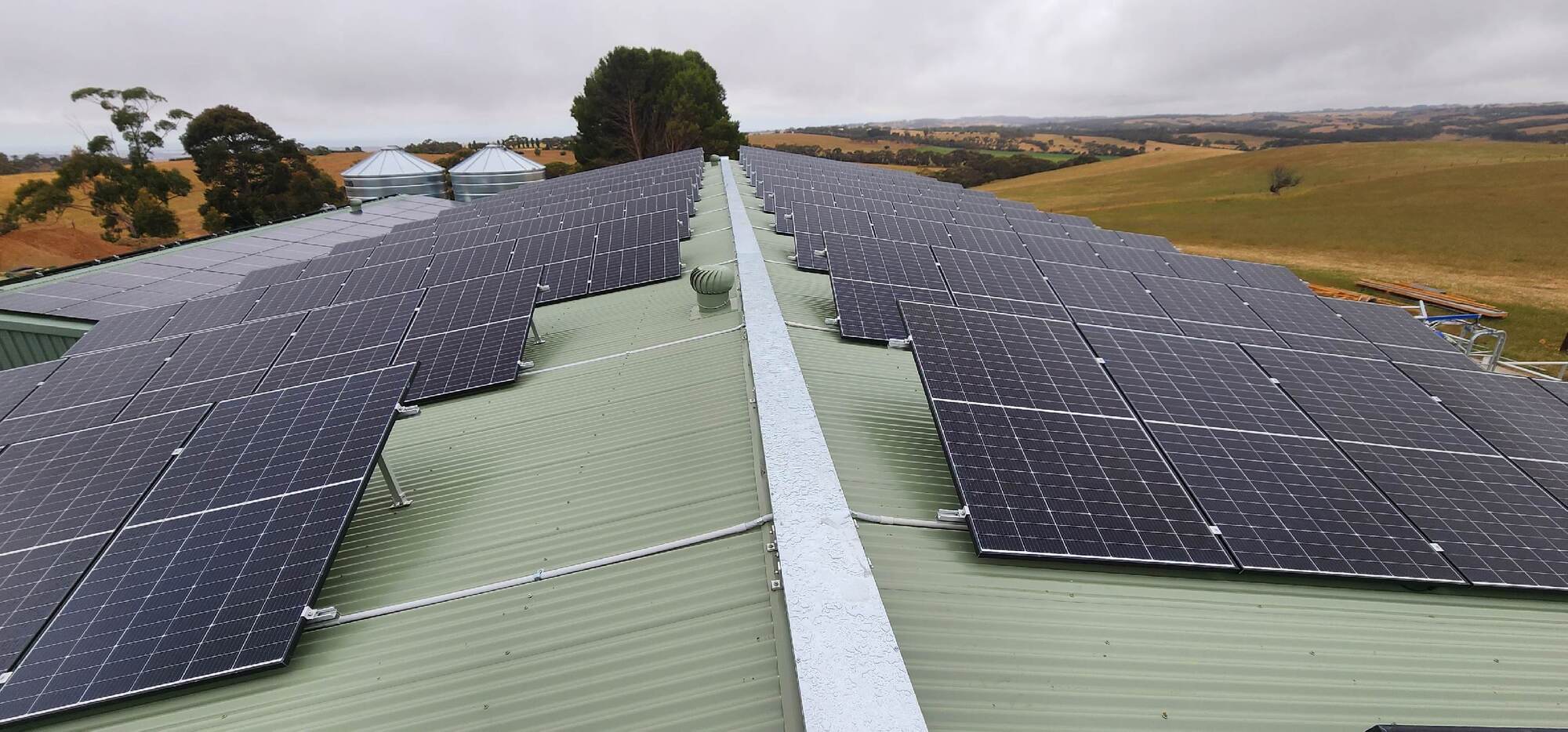 Rooftop solar array installed by MyEnergy at McHugh Robotic Dairy in Mount Compass, South Australia