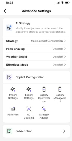Deye advanced settings showing AI Strategy and Copilot Configuration options