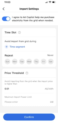 Import settings with grid purchasing enabled and the price threshold set to A$0.01 per kWh