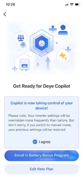 Deye Copilot enrolment screen with I agree and Enroll in Battery Bonus Program